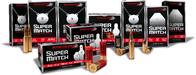 Super Match ammunition boxes with shells and bullets