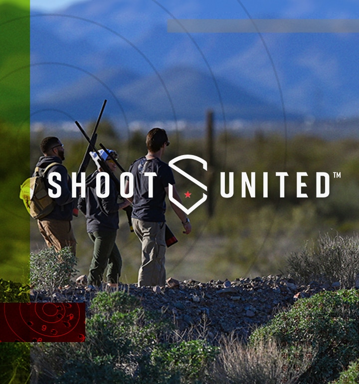 Shoot United logo over an image of 3 friends carrying shotguns walking through a desert landscape.